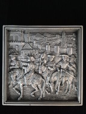 Medieval Canterbury Tales Wall Plaque Chalkware in Silver - Vintage 1970's(?)